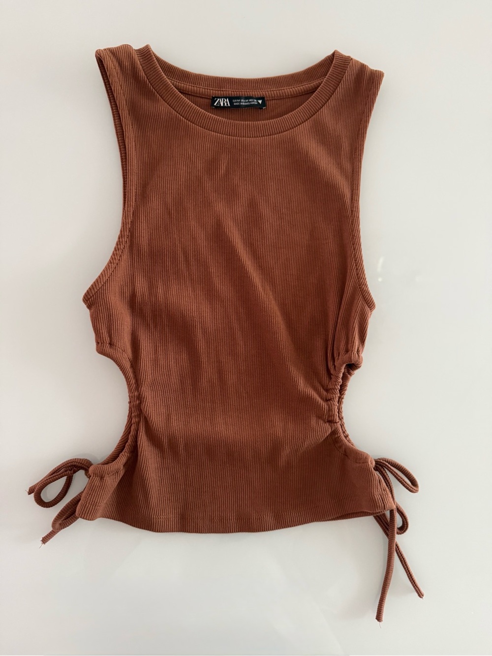 Zara Ribbed Brown Tank Top with Tied Ruched Sides And Cutouts - Size Medium NWOT